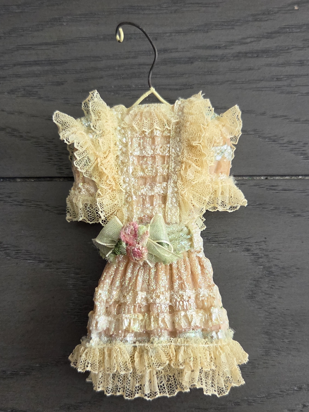 vintage 1980s Victorian-style miniature dress Christmas ornament, featuring laye
